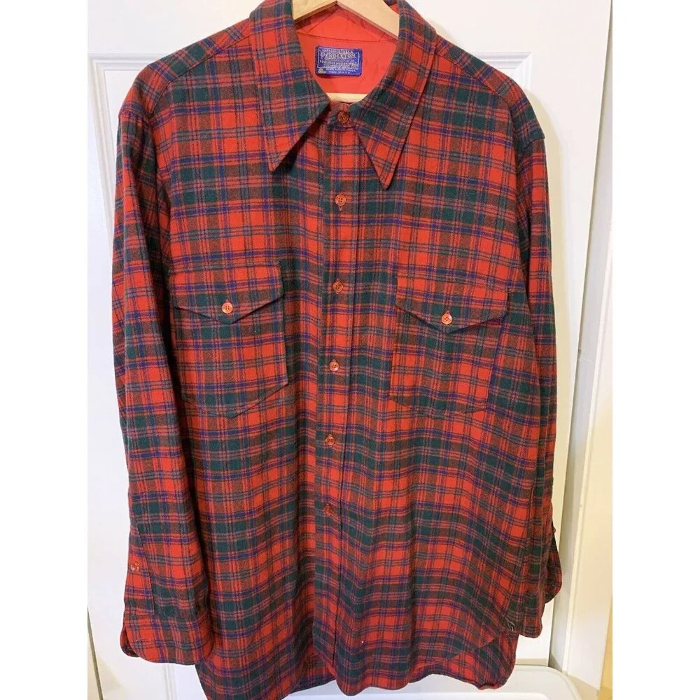 Vintage Pendleton Men’s‎ 17 1/2 Red Plaid Virgin Wool Shirt USA